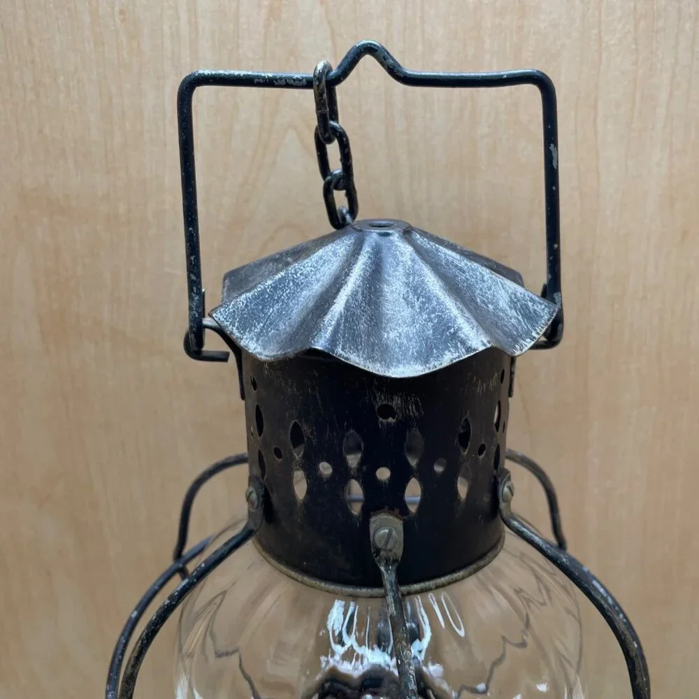 Rare Antique-Style 3 Piece Black Metal & Glass Lantern With Decorative Stand and